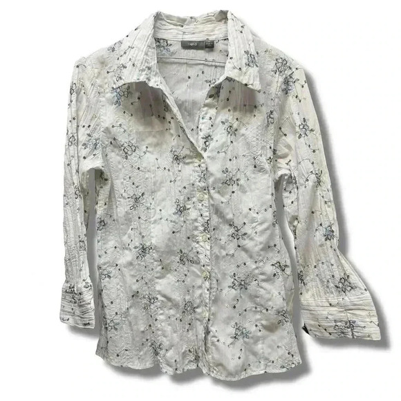 apt.9 Women's Floral Button-Up Shirt White Size M Long Sleeve - Picture 1 of 8